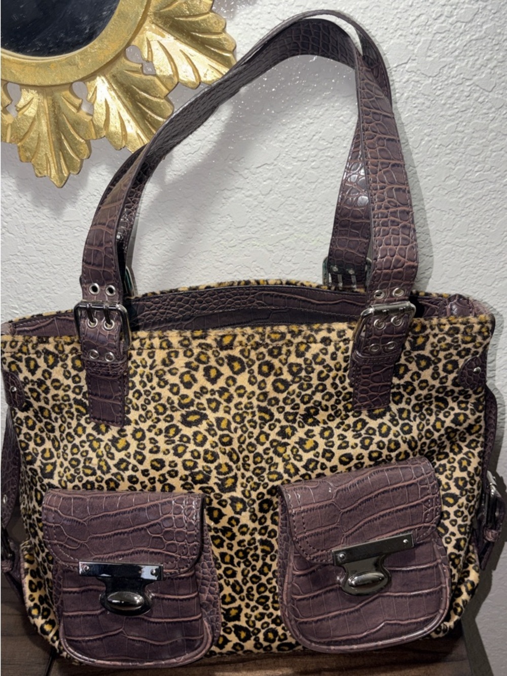 Leopard Print Y2K Chunky Large Tote Bag with Purple Croc-Texture Trim